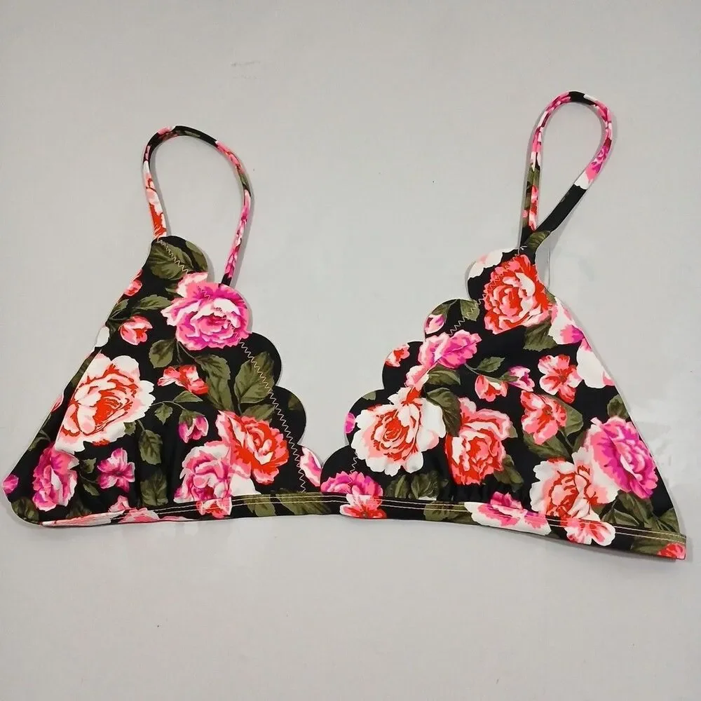 Women Bikini Top Tropical Vacation Black Red S/M 30